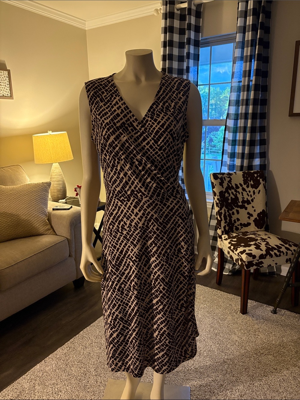 Charter Club Black and Cream Sleeveless Wrap-Style Midi Dress